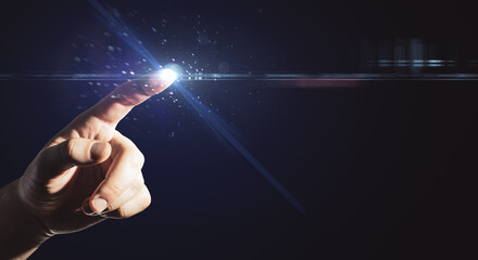 Innovation and technologies concept with man finger touching abstract digital screen with copyspace...