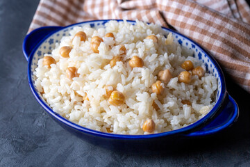 Turkish Rice with chickpea served, Turkish name; Nohutlu pilav or pilaf