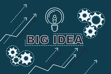 Start up business concept with big idea word illustration, light bulb, gears and arrows up on plain wallpaper