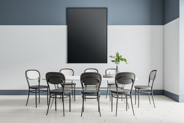 Blank black poster in modern monochrome style dining room with white table and black chairs around. Mockup