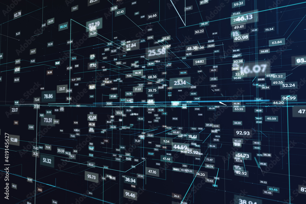 Poster Stats data concept with virtual space with glowing digital numbers and indicators on abstract dark background