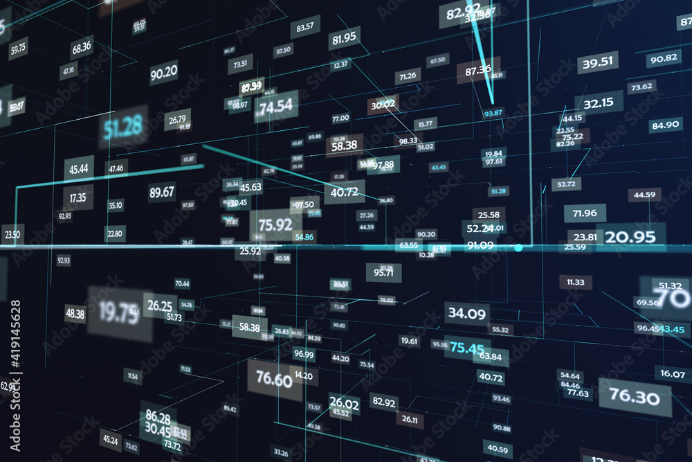Poster Big and statistic data concept with digital numbers and lines in virtual space on dark background