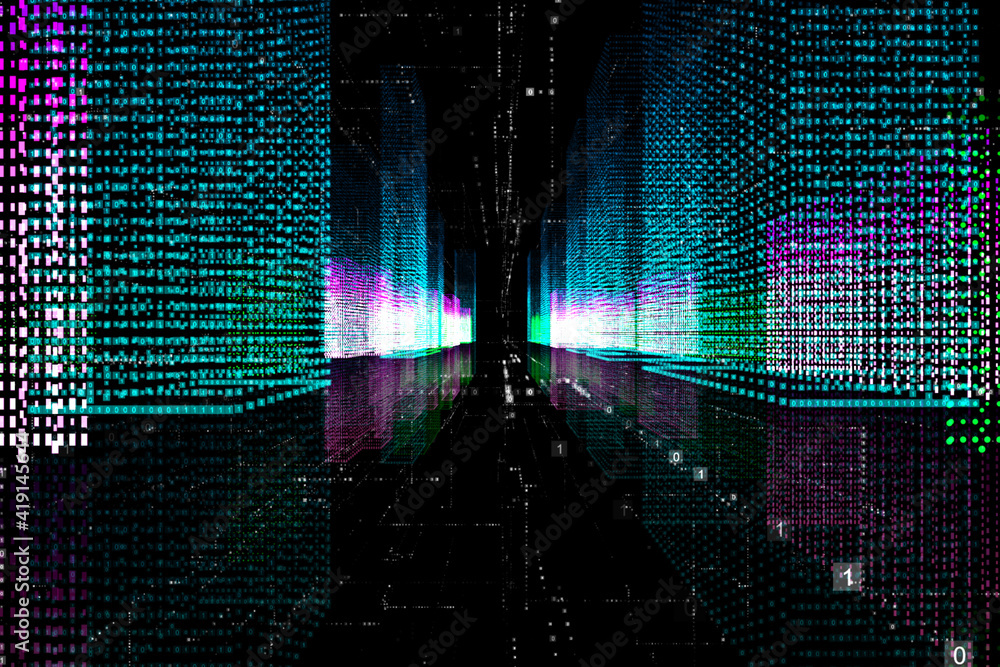 Poster Engineering and technologies concept with abstract smart virtual city with colorful glowing lights on dark backdrop