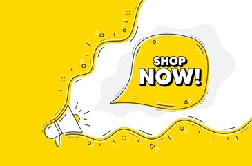 Shop now symbol. Loudspeaker alert message. Special offer sign. Retail Advertising. Yellow background with megaphone. Announce promotion offer. Shop now bubble. Vector