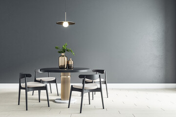 Fototapeta na wymiar Black wall in modern dining room with black wooden furniture and light ceramic tiles floor