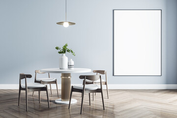 Blank white poster in black frame in stylish dining room with modern white furniture with golden details and wooden parquet. Mock up
