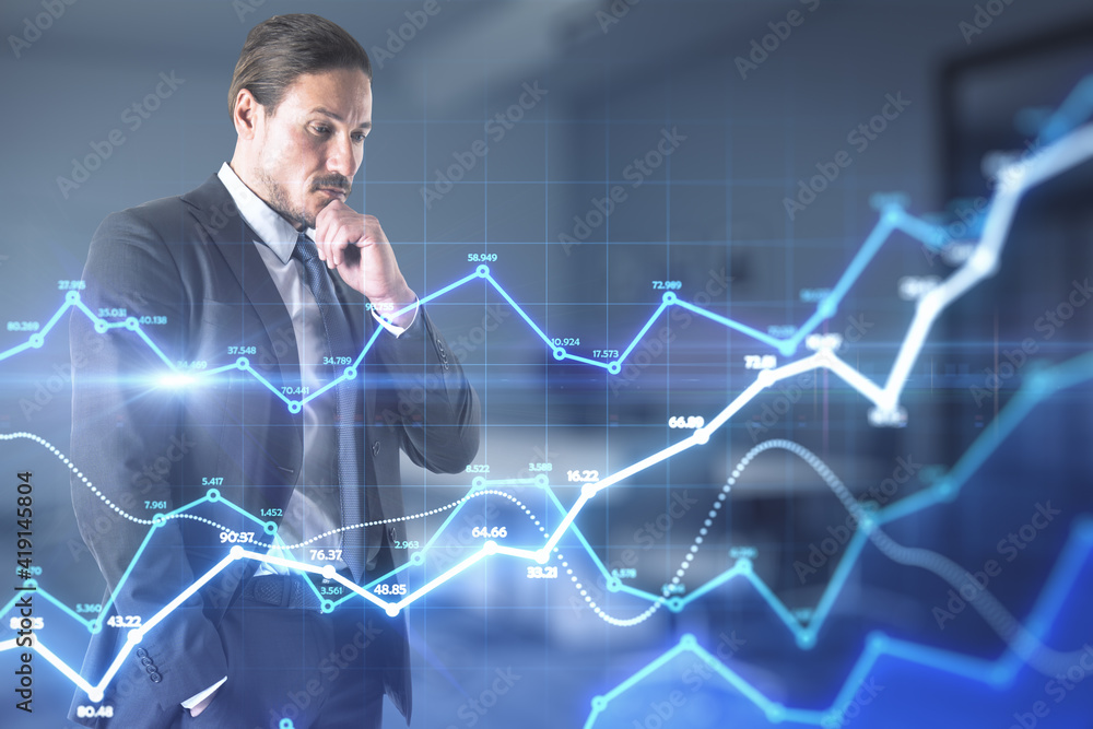 Poster Big data analysis concept with pensive businessman looking on digital screen with growing statistic graphs
