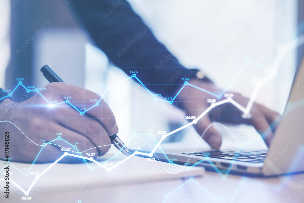 Poster Concept of big data technologies with digital glowing statistic graphs in backdrop with man hands using pen and laptop