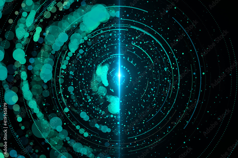 Poster abstract art technological dark backdrop with blue glowing dots and circles