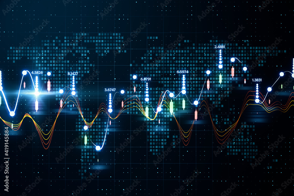 Aufkleber world trade market statistics concept with digital glowing graphs and indicators on abstract world m