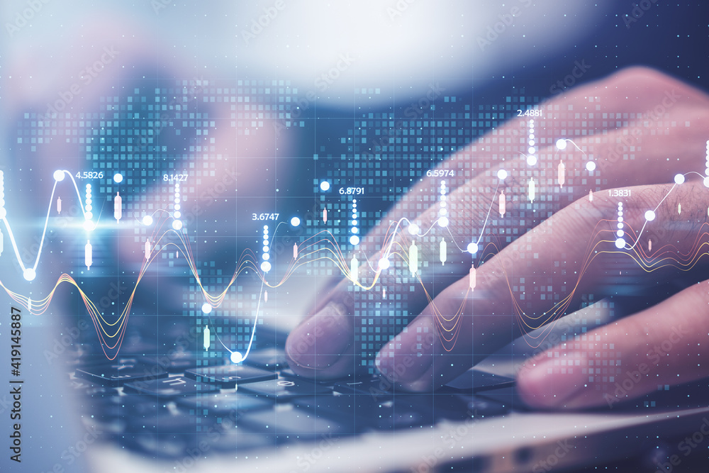 Poster Big data analysis concept with digital statistic indicators and graphs on backdrop with human hands typing on laptop keyboard