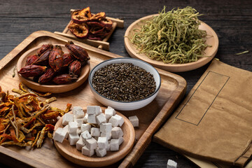 Ancient Chinese medicine books and herbs on the table.English translation：Emperor's Internal Classic