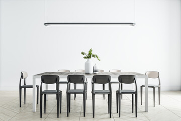 Fototapeta na wymiar Modern dining room interior design with black and white chairs, light floor and wall and big wooden table