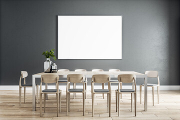 Blank white poster on black wall in modern eco style dining room with wooden furniture and floor. 3D rendering