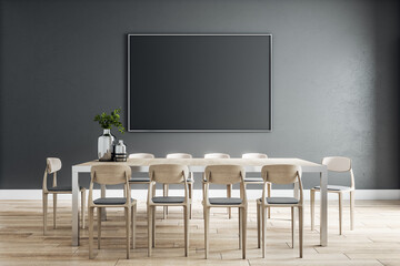 Black empty poster on dark wall in eco style dining room with modern wooden furniture and floor