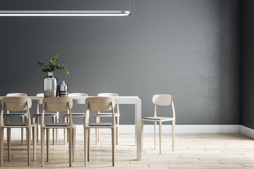 Spacious eco style dining room with wooden table, chairs and floor, black wall and modern chandelier from top