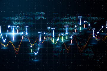 World trade market statistics concept with digital glowing graphs and indicators on abstract world...