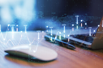 Big data statistic concept with digital glowing stats indicators and numbers on background with computer mouse and laptop