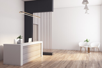 Sunny modern style reception area in spacious office wth wooden furniture and floor, white walls and slatted screen