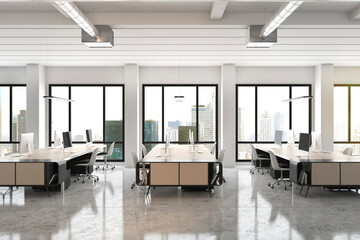 Modern open space office with city skyscrapers view from big window, wooden furniture and glossy concrete floor