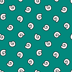 Seamless pattern with snail's shell on a tile background. Marine and summer theme, kid style. Simple pattern for textile, paper, scrapbook. Good idea for creative and spectacular design and decor. 