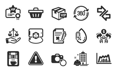 No alcohol, Full rotation and Shopping basket icons simple set. Justice scales, Synchronize and Sharing economy signs. Vip parcel, Augmented reality and Vip certificate symbols. Flat icons set. Vector
