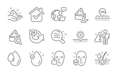 Uv protection, Serum oil and Night cream line icons set. 24 hours, Oil drop and Healthy face signs. Uv protection, Vitamin e and No sun symbols. Skin care, Skin condition. Line icons set. Vector