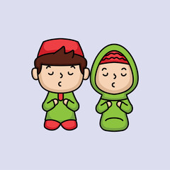 Cute Muslim kids Ramadan Kareem theme mascot illustration
