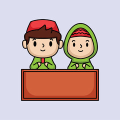 Cute Muslim kids Ramadan Kareem theme mascot illustration