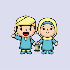 Cute Muslim kids Ramadan Kareem theme mascot illustration