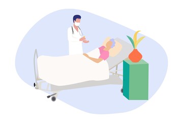 Elderly people and pensioners are hospitalized in quarantine, treated in the hospital, make a drip, 
injections, take pills, sit on a wheelchair, doctors care. Vector illustration.