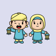 Cute Muslim kids Ramadan Kareem theme mascot illustration