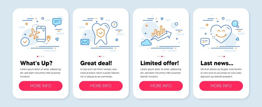 Set of Business icons, such as Dental insurance, Growth chart, Flights application symbols. Mobile app mockup banners. Smile face line icons. Oral medicine, Sale diagram, Airport app. Vector