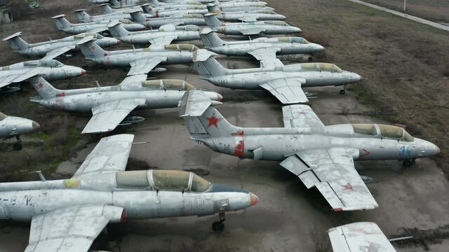 Aerial view of a squad of Aero L-29 Delfin jets
