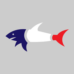 shark divided into 3 parts with a blue head, a white central part and a red tail on gray background