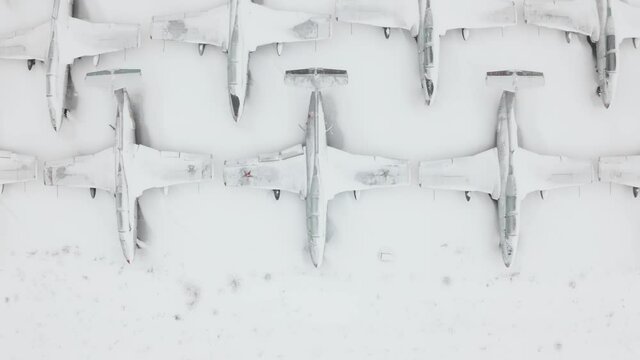Aerial view of a squad of Aero L-29 Delfin jets