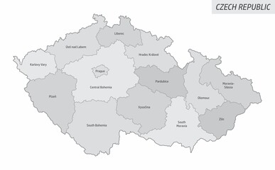 The Czech Republic isolated map divided in regions with labels