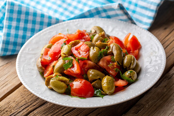 Gourmet flavors from traditional Turkish cuisine; green olive salad (Turkish name; Kirma yesil zeytin salatasi) A flavor belonging to the Turkey - Antakya region.