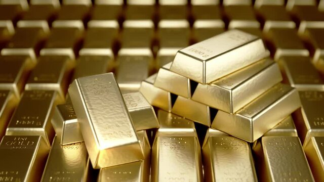 Wealth. 3D illustration. Stack of gold bars. Gold bullion bars, precious metal investment as a store of value moving camera. ingots, Digital Pile of Gold bars or financial concept 3d render.