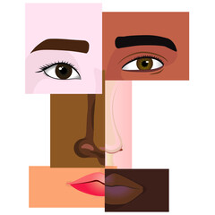 Anti racism concept. Collage of multiracial people,forming a human face.