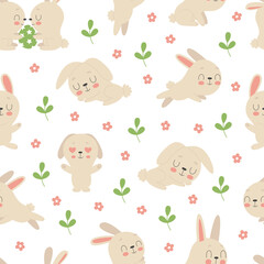 Seamless pattern with cute Easter bunnies decorated with flowers. Traditional symbol of Easter. Funny animals in different poses.