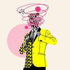 Feeling full of energy. Comics styled yellow suit. Modern design, contemporary art collage. Inspiration, idea concept, trendy urban magazine style. Negative space to insert your text or ad.