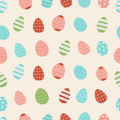 Seamless pattern with cute Easter decorated eggs. Traditional symbol of Easter. Illustration in simple flat hand style
