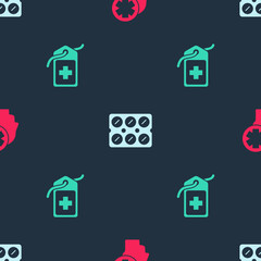 Set Male head with hospital, Pills in blister pack and Cross medical tag on seamless pattern. Vector.