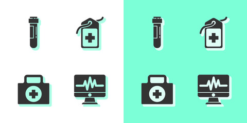Set Monitor with cardiogram, Test tube blood, First aid kit and Cross hospital medical tag icon. Vector.
