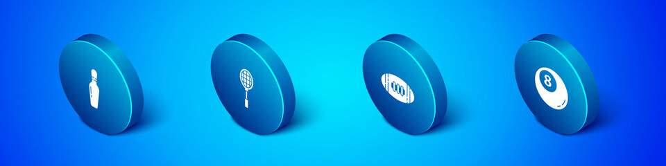 Set Isometric Bowling pin, American Football ball, Billiard pool snooker and Tennis racket icon. Vector.