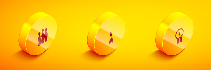 Set Isometric Bowling pin, Dart arrow and Medal icon. Vector.