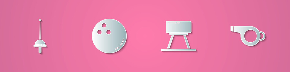 Set paper cut Fencing, Bowling ball, Pommel horse and Whistle icon. Paper art style. Vector.