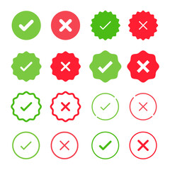 Set of Check Mark Icons. Tick and Cross Vector Signs. Yes and No labels. Approved and Rejected emblems.