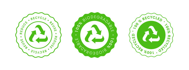 Recycle Reuse Reduce Icon. 100% Biodegradable Recycled  Vector Sign.  Package eco packet logo.